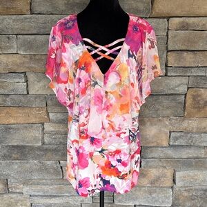NWOT- Pink+Multicolor Abstract Floral Watercolor Print Blouse